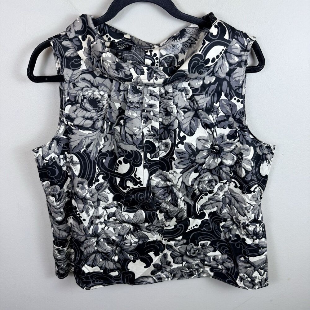 Talbots Women's Size 14 Petite Black White Floral Collared Button Back Shirt Top